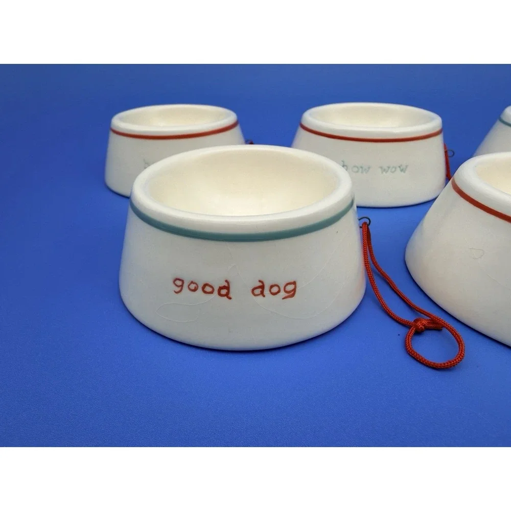 Dog Lover Christmas Ornaments Set 5 Ceramic Dog Bowls Bow Wow Good Dog
